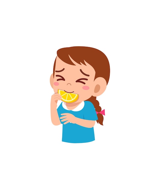 Little girl eat sour lemon and show funny expression