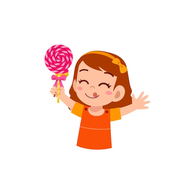 Little girl eat sweet lollipop and feel happy