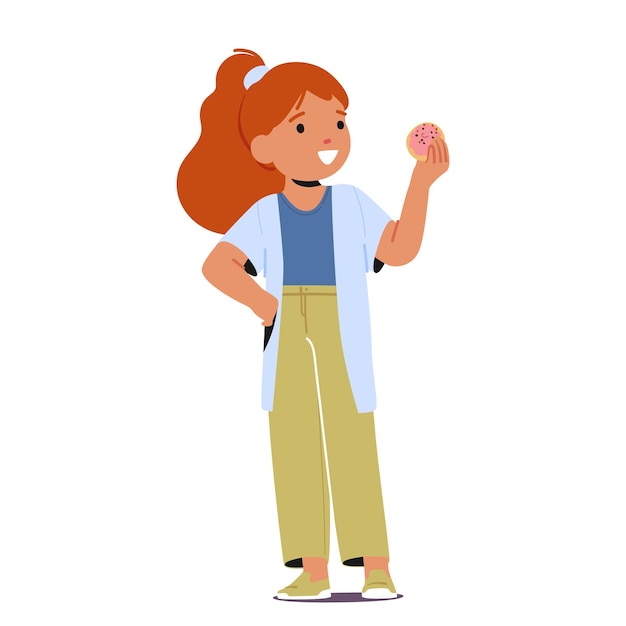 Little Girl Eating fast Food Dessert Joyful Kid Character Indulging In A Sugary Donut Eyes Wide With Delight As she Savors Each Delicious Bite Isolated on White Cartoon People Vector Illustration