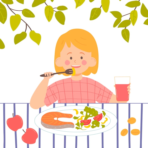 Vector little girl eating lunch healthy food concept vector illustration cartoon style character