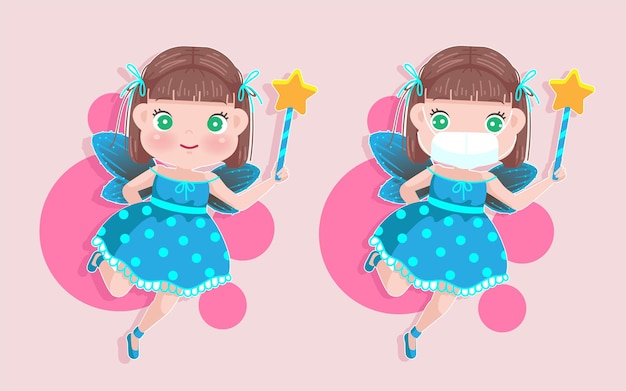 Little girl in fairies costume holding a beautiful star magic stick. cute cartoon little girl mask  COVID-19 prevent concept.