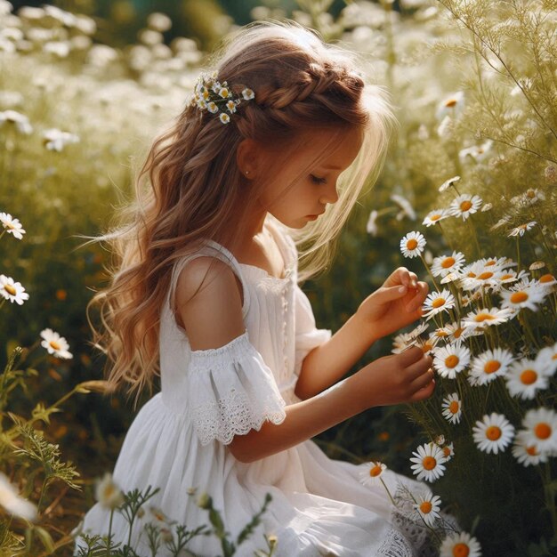 a little girl in a field of daisies is looking at the camera