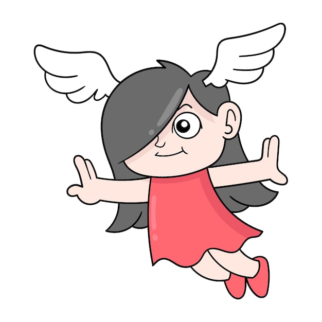 Little girl flying flying with wings doodle icon image kawaii