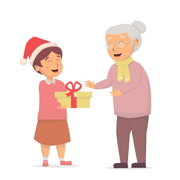 Little girl give christmas gift box to grandmother illustration