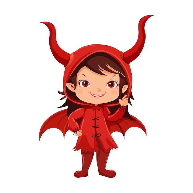 Vector little girl in halloween devil costume isolated on white background