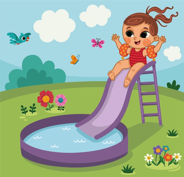 Little girl having fun in inflatable pool with water slide. Vector illustration.