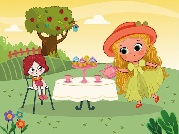 Little girl having a tea party with her doll Vector illustration