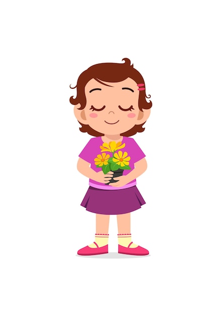 Little girl holding flower and sniff the scent