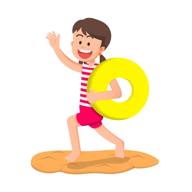 a little girl holding an inflatable circle and running on the sand in summer