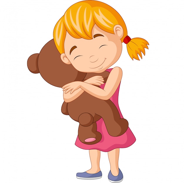 Vector little girl hugging teddy bear