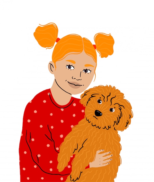 A little girl hugs her beloved pet, that cute toy poodle. Pet care. Girl with ponytails holds a dog, love for animals. Illustration isolated  .