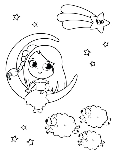 Little girl illustration in night concept Black and white illustration for painting activity