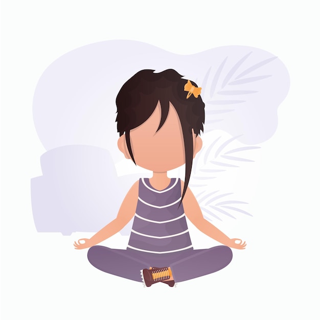 Little girl is meditating Yoga kids Cartoon style