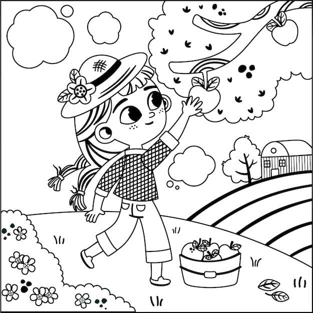 Little girl is picking red apples in a farm. Black and white vector illustration.