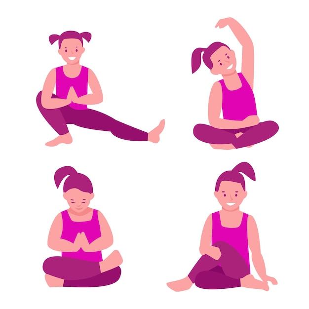 Vector little girl is practicing yoga. set of vector illustrations with different yoga poses in flat style.