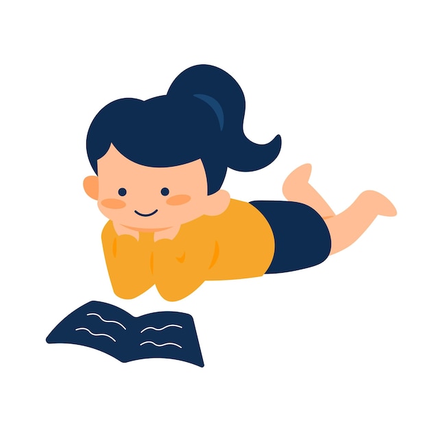 Little Girl Laying Down And Reading A Book Kids Reading Vector Illustration