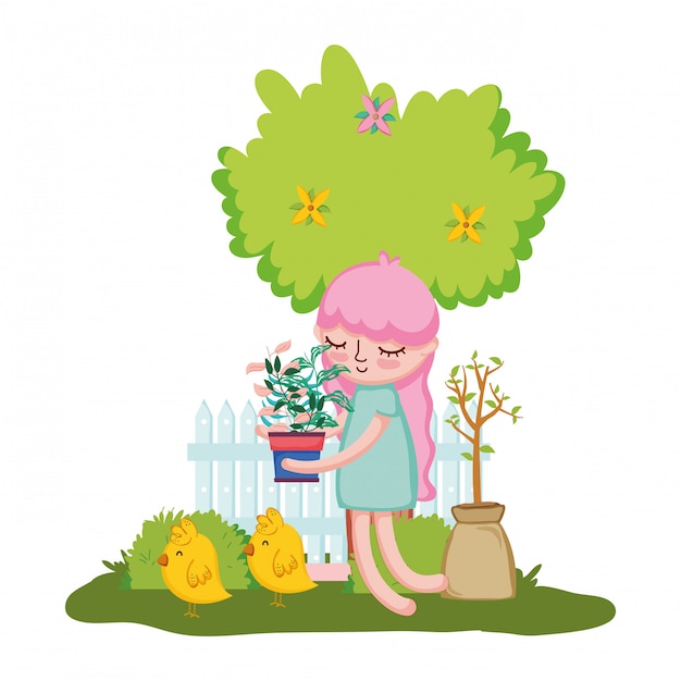 Little girl lifting houseplant with fence and chick