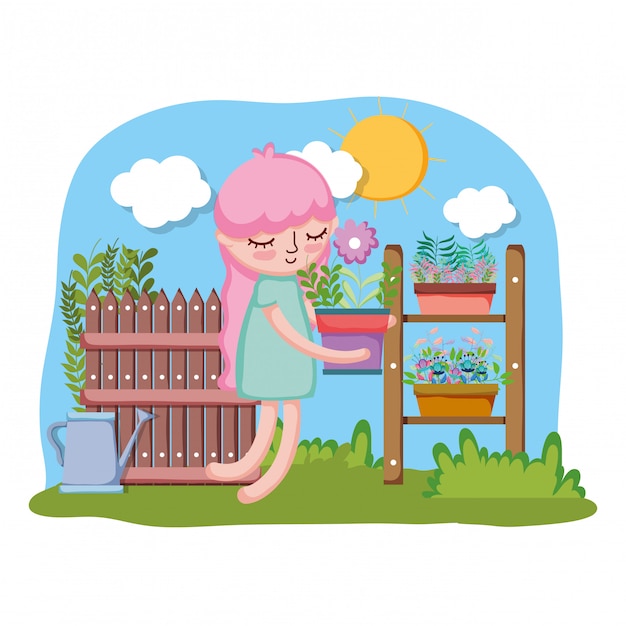 Little girl lifting houseplant with shelf in the garden