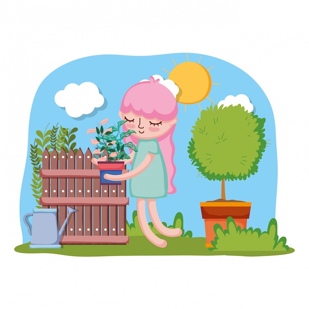 Little girl lifting houseplant with tree and fence