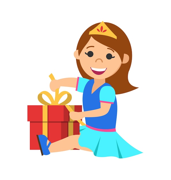 Little girl opens a gift. Cute cartoon style.