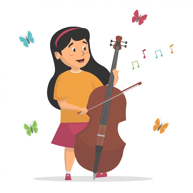 Little girl playing cello with butterfly background vector  illustration concept