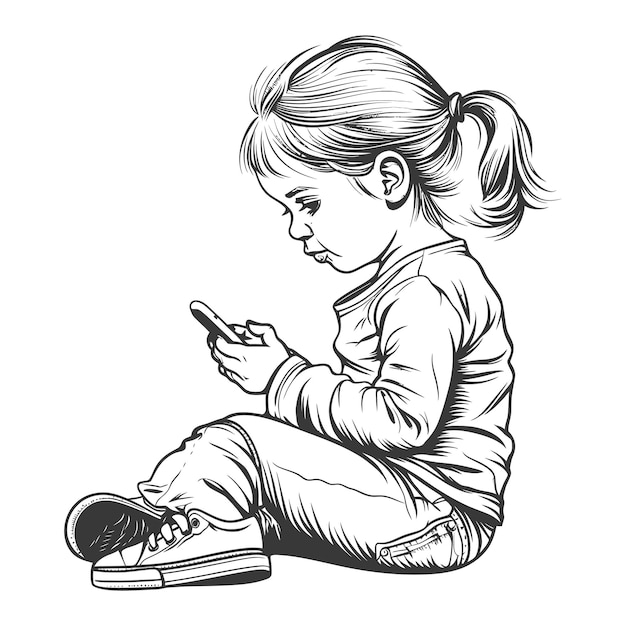 little girl playing smartphone while sitting with engraving style