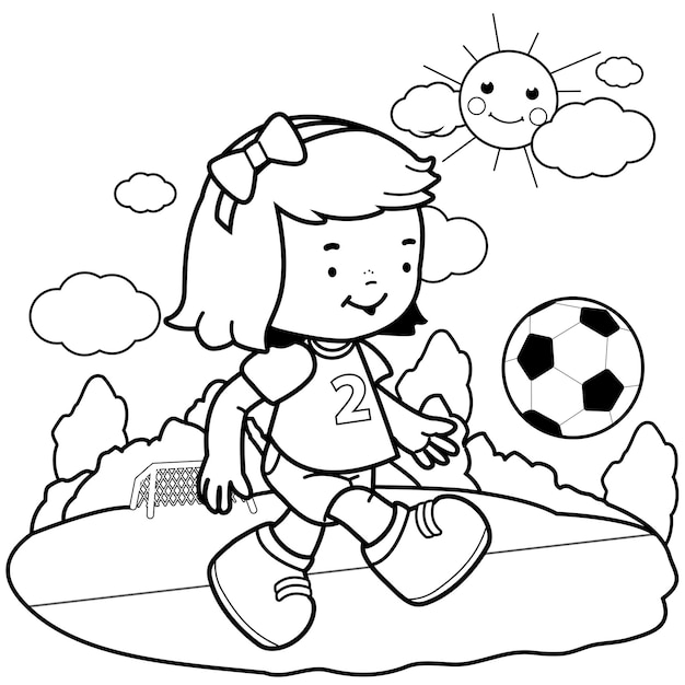 Little girl playing soccer A happy child plays soccer on the football field Vector coloring page