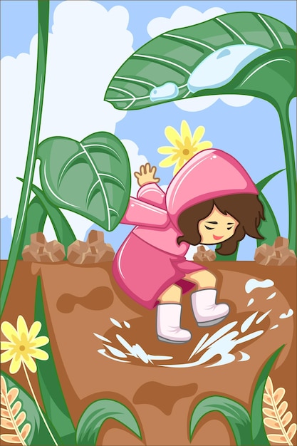 Little Girl Playing Water After Rain Cartoon Illustration