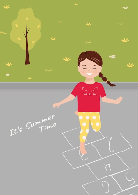 Vector little girl plays hopscotch jumping on cages drawn on pavement asphalt on summer sunny day