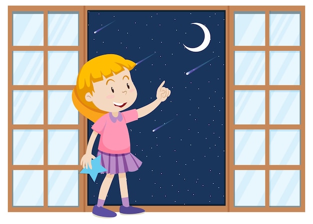 Little girl pointing finger to the moon