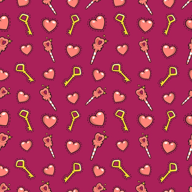 Little Girl Princess Seamless Background with Magic Wand, Hearts and Golden Keys.  Pattern