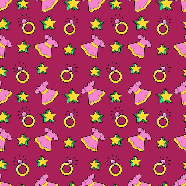 Little Girl Princess Seamless Background with Pink Dress, Stars and Rings.  Pattern