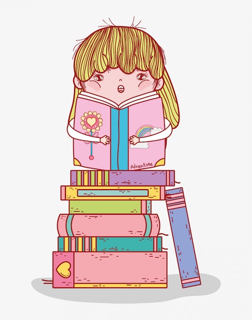 Little girl reading book in stacked books cartoon