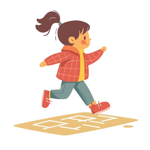 a little girl running across a game board with a cartoon character on the bottom