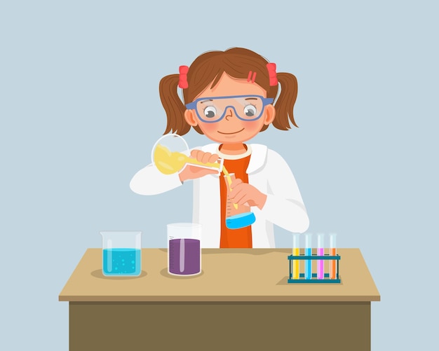 little girl scientist mixing chemical liquid in flasks doing science project experiment in the lab