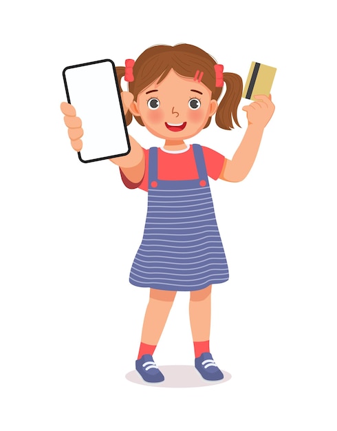 little girl showing mobile phone with blank screen and holding credit card for making online payment