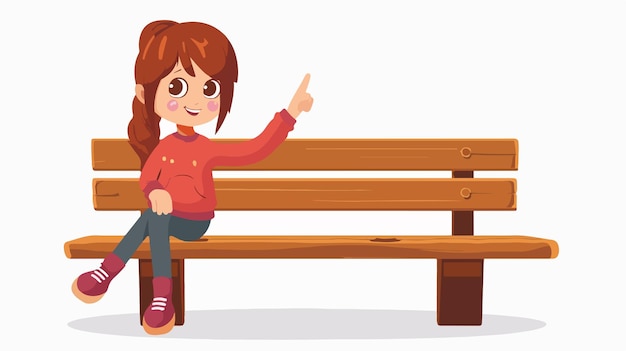 Vector little girl sitting and pointing on wooden bench