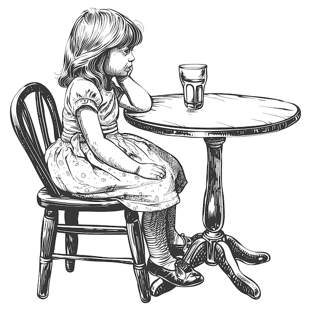 little girl sitting at a table in the cafe bar restaurant with engraving style