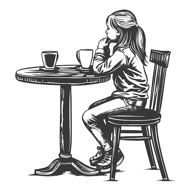 little girl sitting at a table in the cafe bar restaurant with engraving style