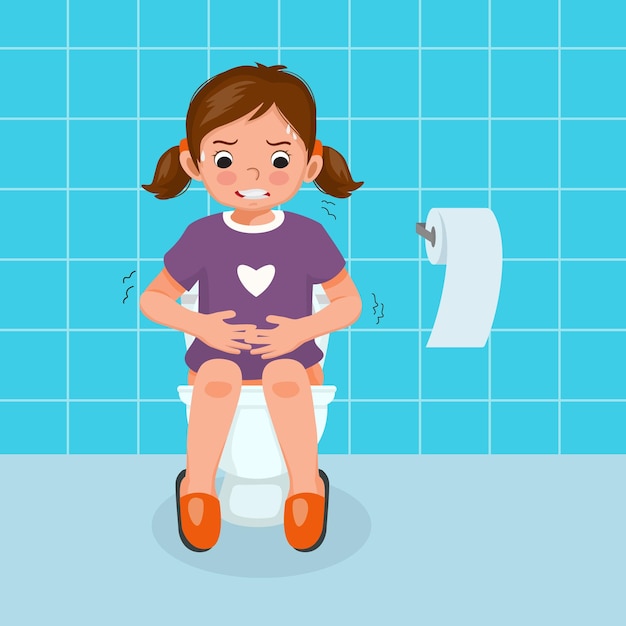 little girl sitting on toilet bowl suffer from stomach ache having diarrhea constipation problem