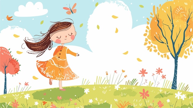 Little Girl in Spring Park Against Blue Sky Handdrawn Illustration