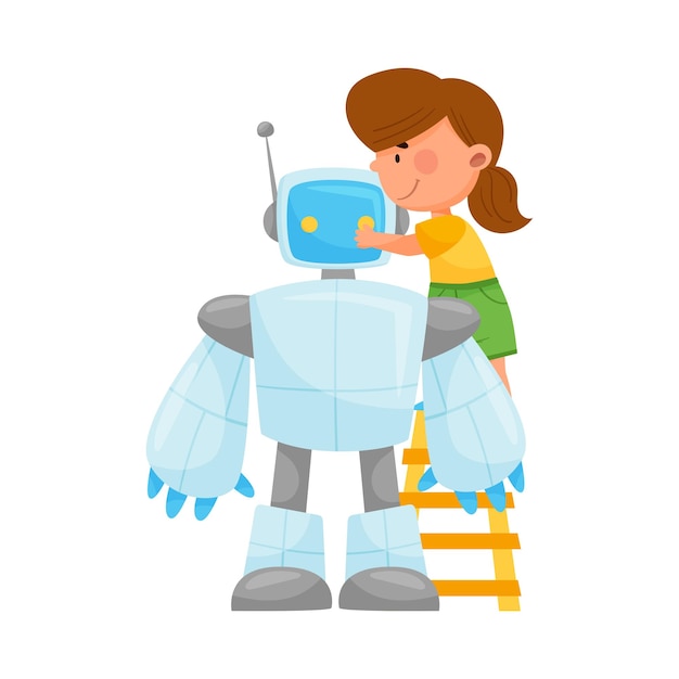 Little girl standing on the ladder and fixing robot vector illustration