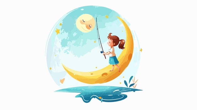 Vector little girl standing on moon and fishing flat vector illustration