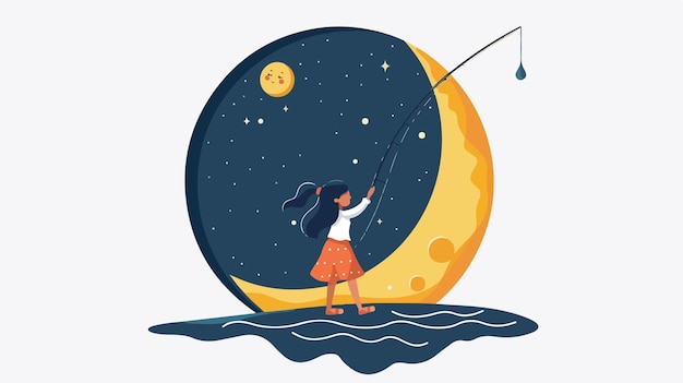 Little Girl Standing on Moon and Fishing Flat Vector Illustration