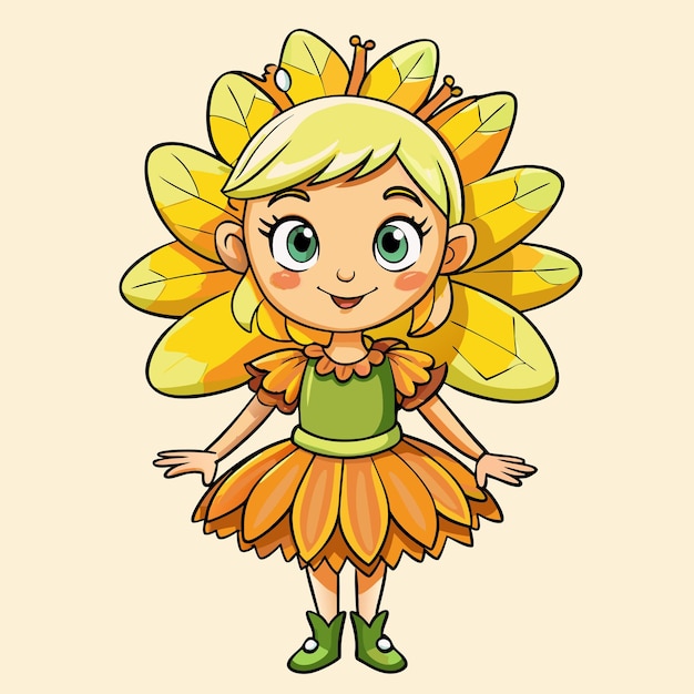 Little Girl Sunflower Fairy in Sunny Field Cartoon Vector Design