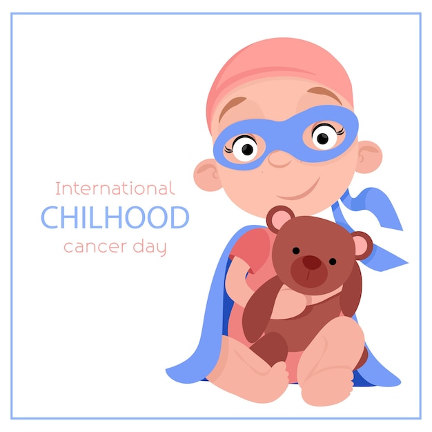 A little girl in a superhero costume sits and holds a bear in honor of the Cancer Day