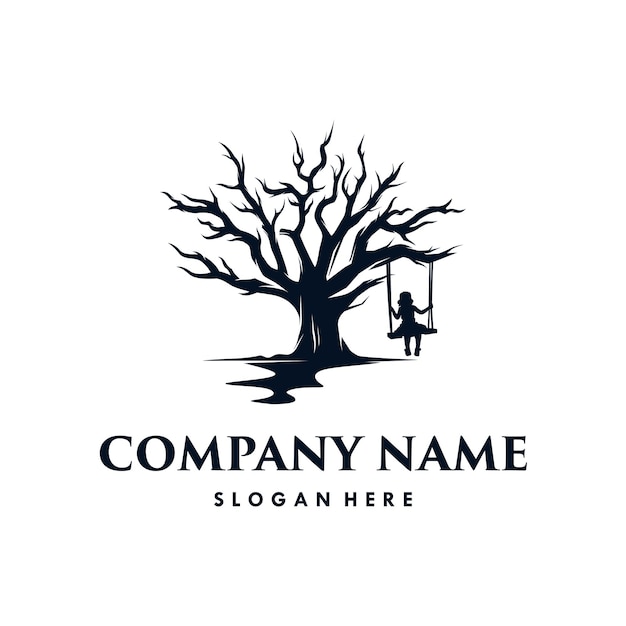 Little girl swinging under the tree in logo design