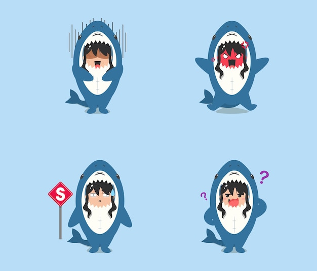 Little girl wearing a shark costume character scared angry confused and speechless isolated on a beach background little girl wearing a shark costume character set emoticon illustration