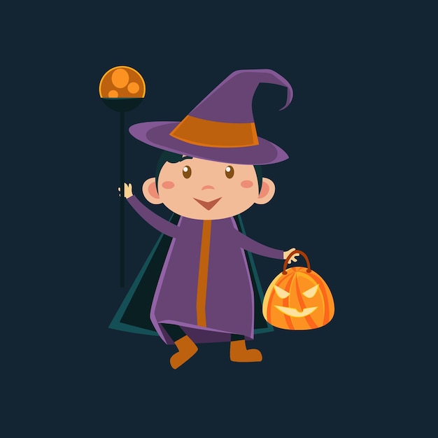 Little Girl In Witch Violet Haloween Disguise Funny Flat Vector Illustration On Dark Background