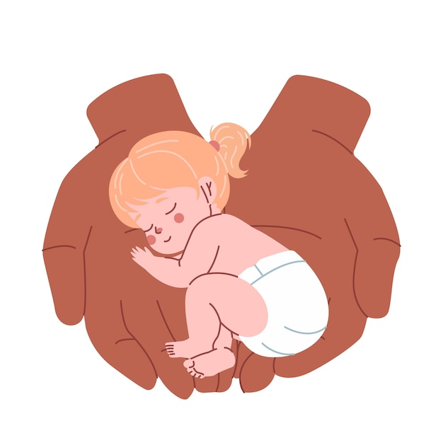 Little girl with blond hair sleeping on hands illustration Newborn in diaper isolated